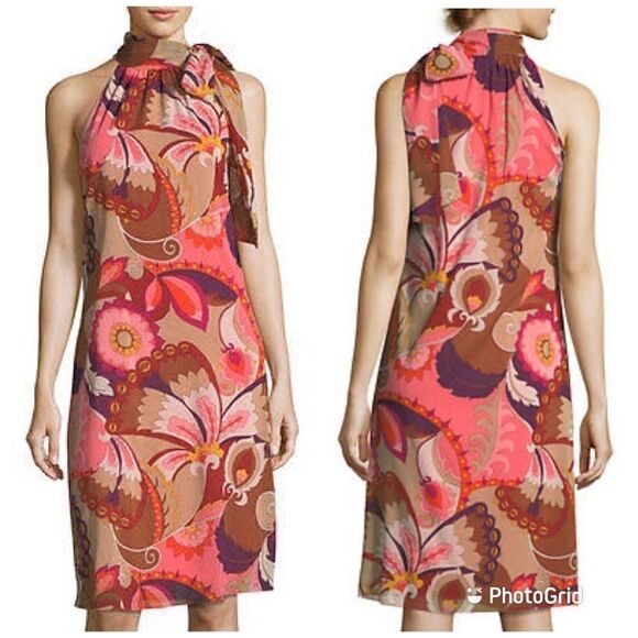 TRINA TURK Silk Halter Midi Dress‎ Sleeveless Paisley Print Bow Coral Size 0 New - Picture 1 of 16